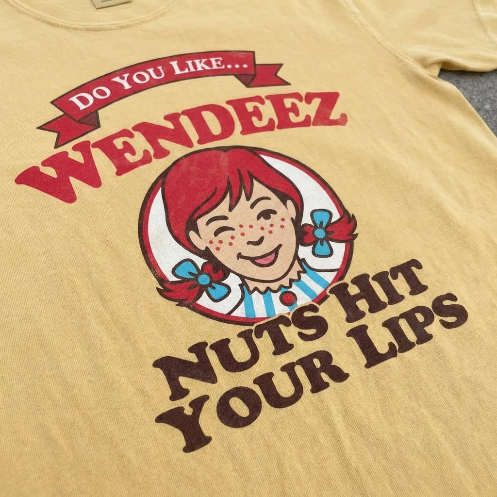 TeeHeeUSCo WENDEEZ NUTS HIT YOUR LIPS Yellow zoomed detail shot graphic tee