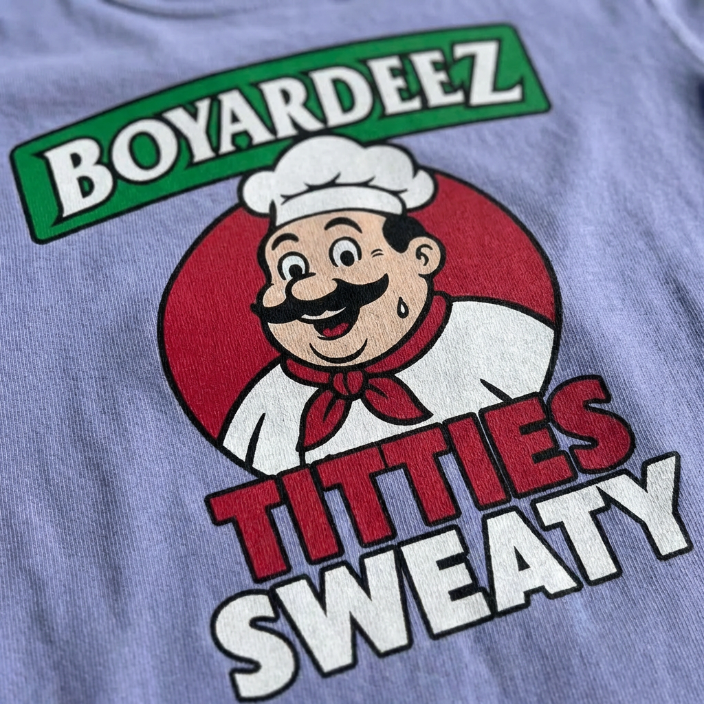 TeeHeeUSCo BOYARDEEZ TITTIES SWEATY Blue zoomed detail shot graphic tee