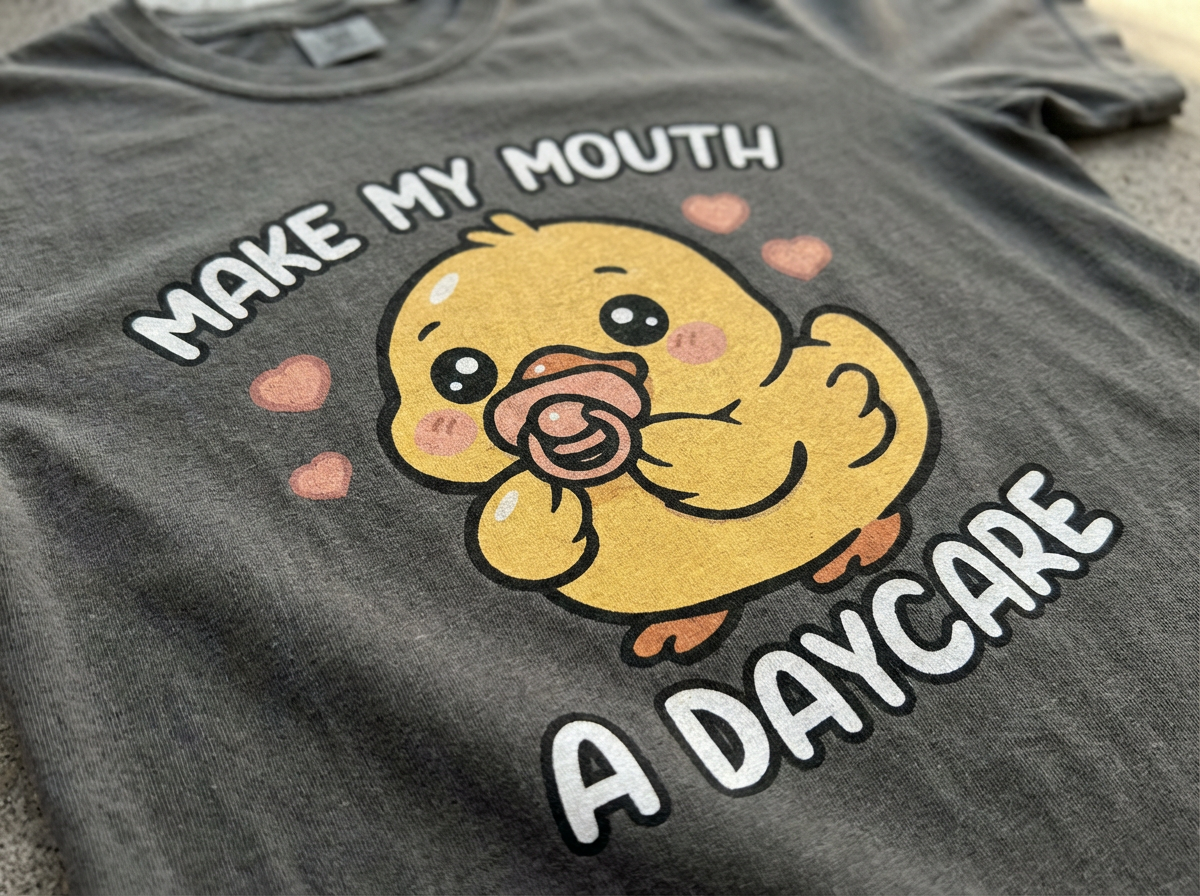 TeeHeeUSCo MAKE MY MOUTH A DAYCARE Grey zoomed detail shot graphic tee