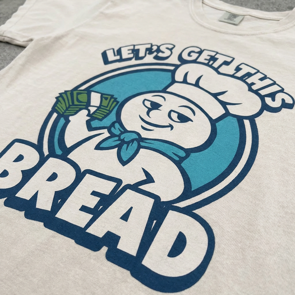 TeeHeeUSCo LET'S GET THIS BREAD Beige zoomed detail shot graphic tee