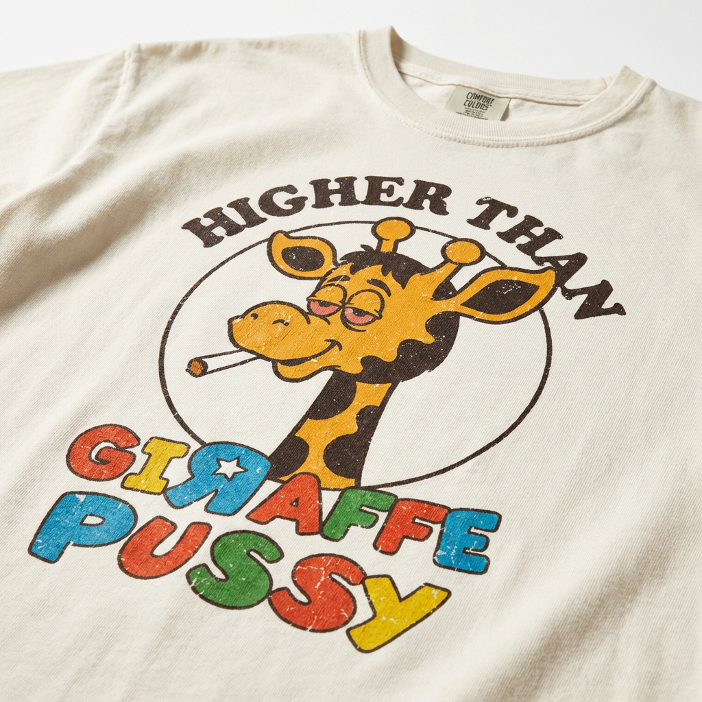 TeeHeeUSCo HIGHER THAN GIRAFFE P*SSY White zoomed detail shot graphic tee