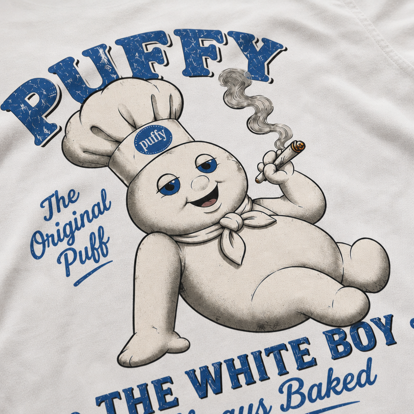TeeHeeUSCo PUFFY THE WHITE BOY White zoomed detail shot graphic tee