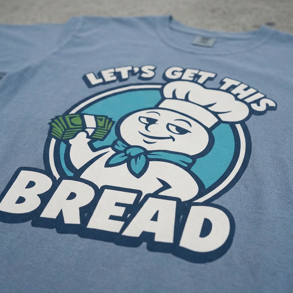 TeeHeeUSCo LET'S GET THIS BREAD Blue zoomed detail shot graphic tee
