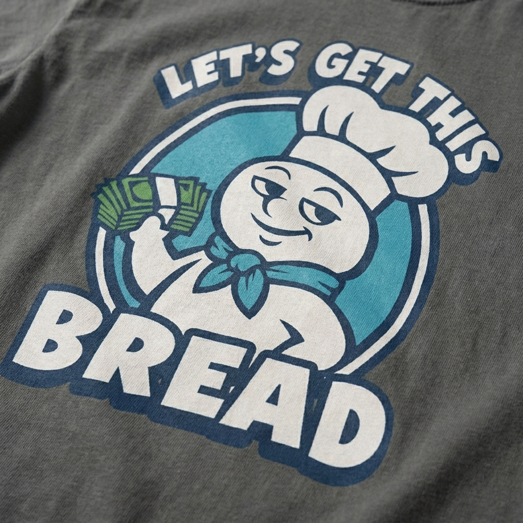 TeeHeeUSCo LET'S GET THIS BREAD Grey zoomed detail shot graphic tee