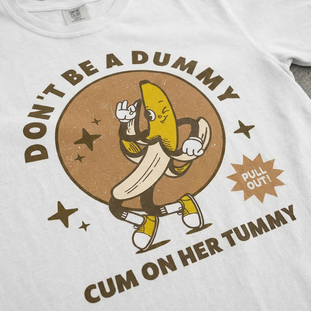 TeeHeeUSCo DON'T BE A DUMMY White zoomed detail shot graphic tee