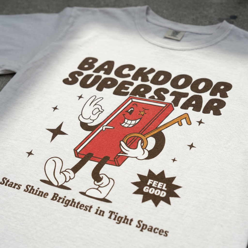 TeeHeeUSCo BACKDOOR SUPERSTAR White zoomed detail shot graphic tee