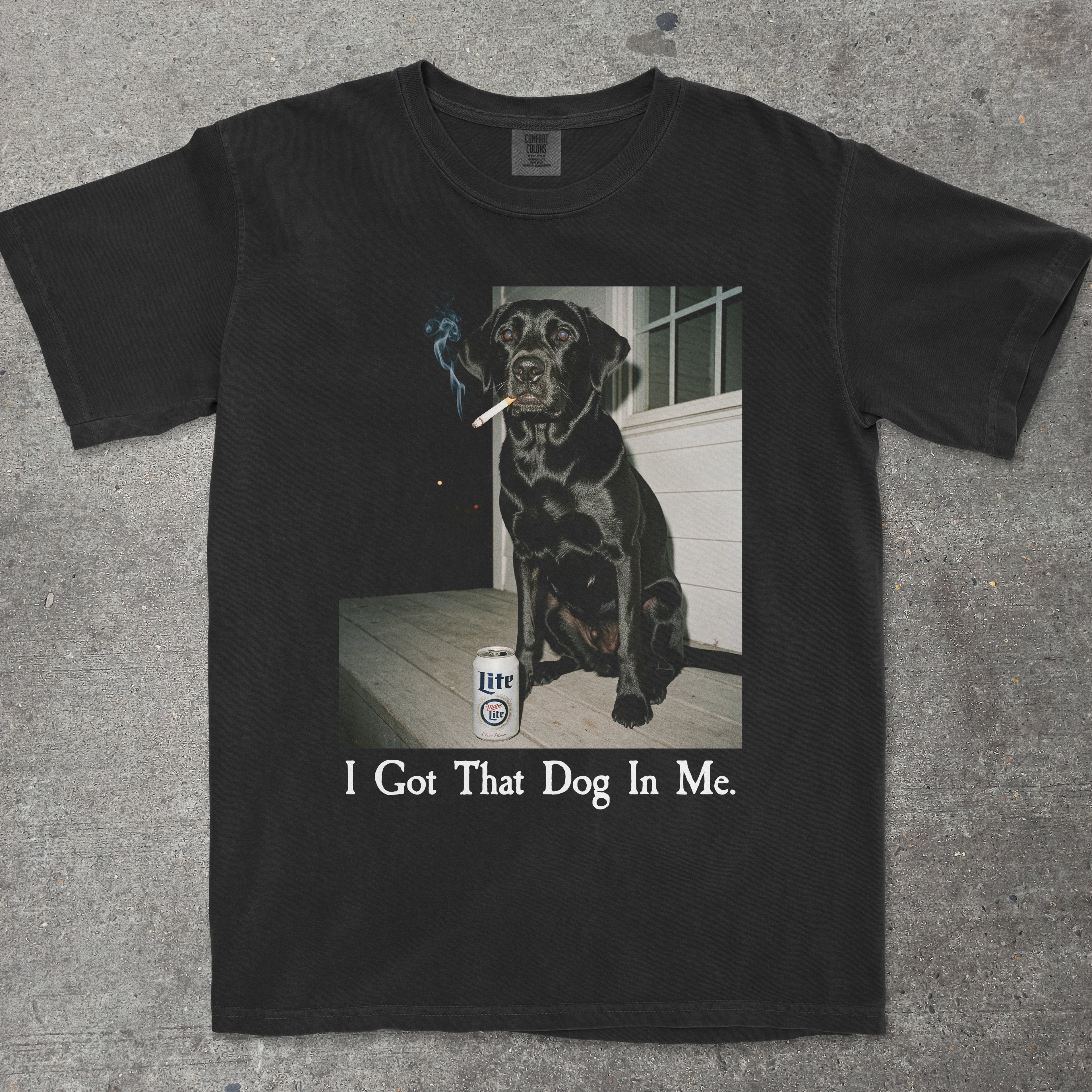 Black graphic tee featuring a cool black Labrador with cigarette and beer illustration - TeeHeeUSCo