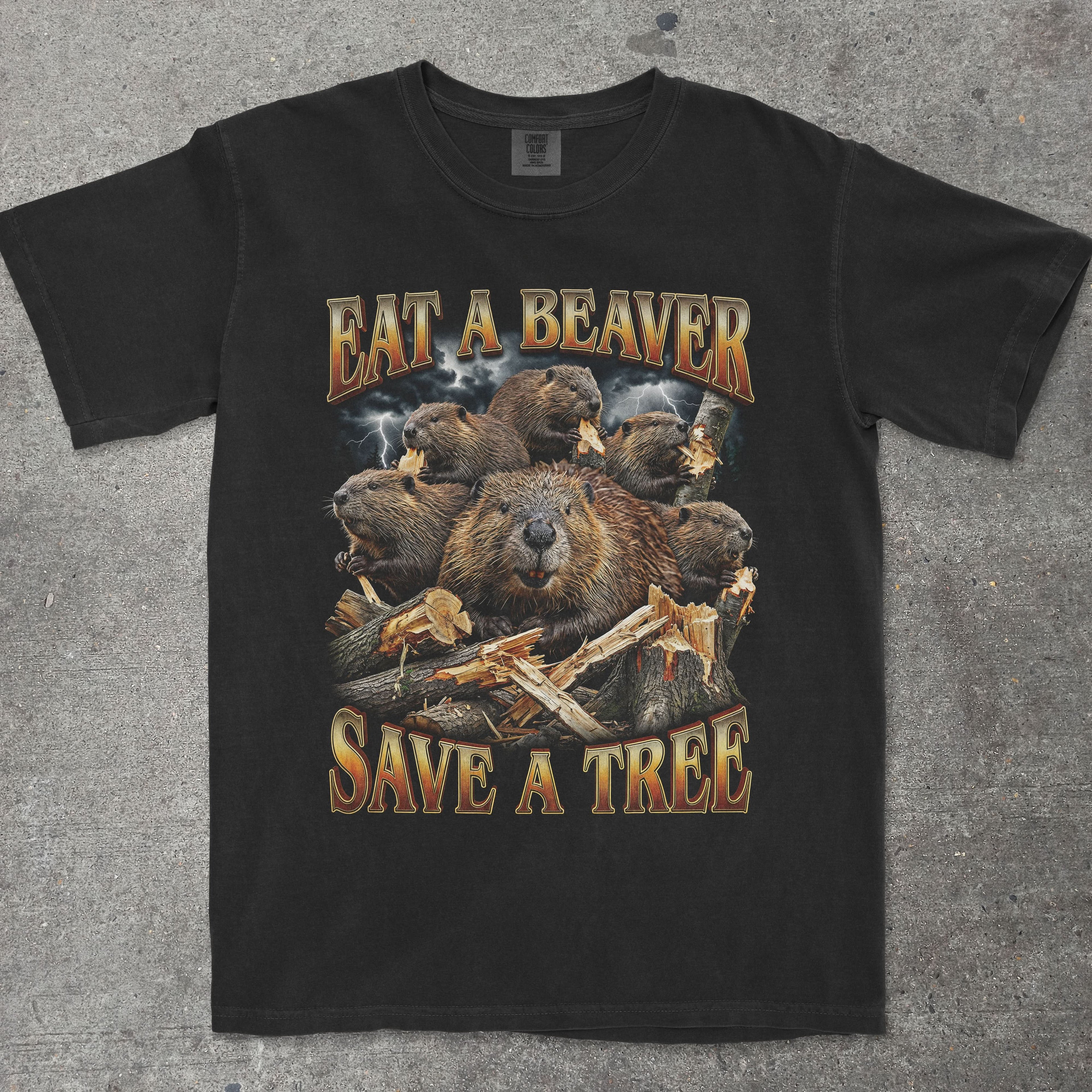 Black graphic tee featuring serious cartoon beavers and "EAT A BEAVER SAVE A TREE" text - TeeHeeUSCo