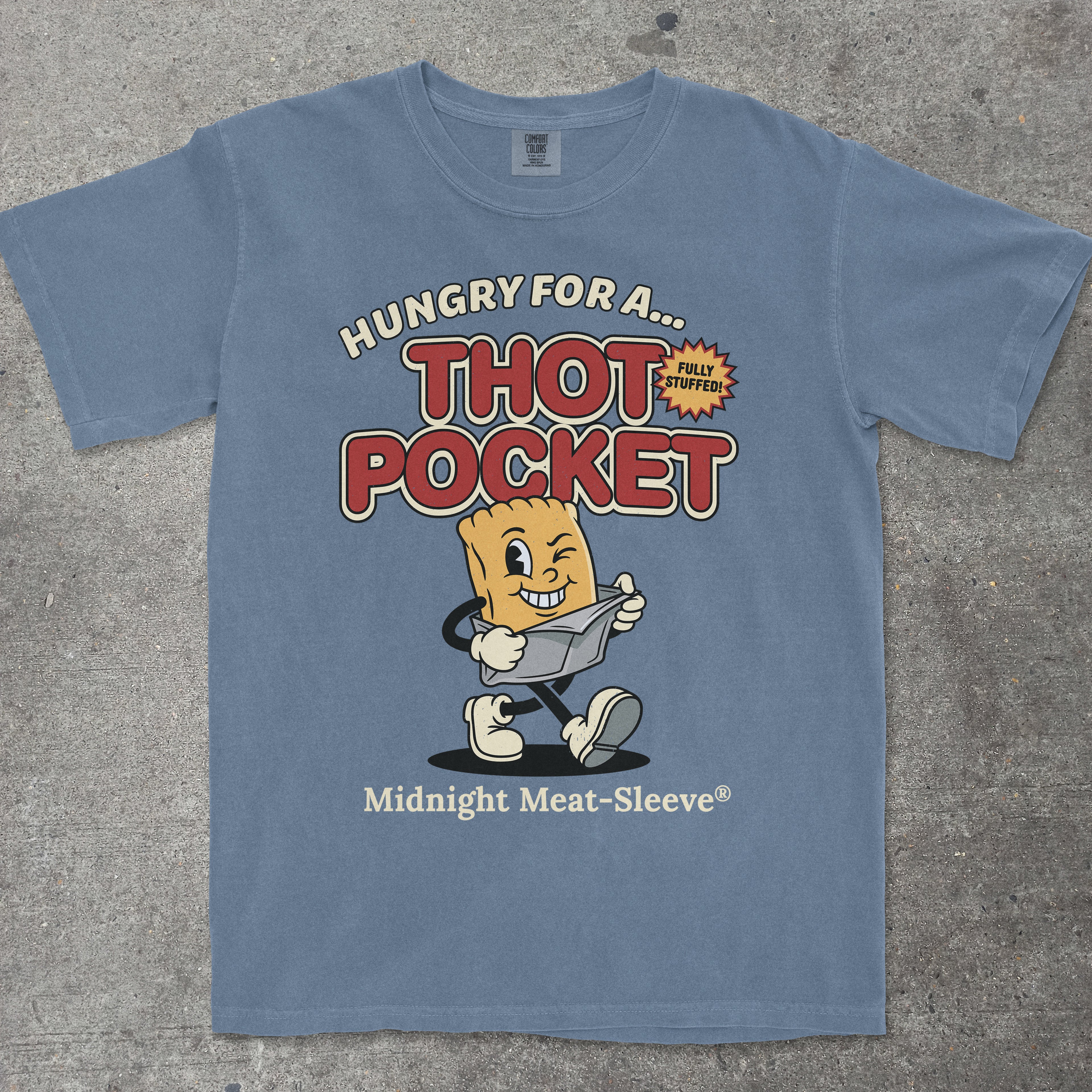 TeeHeeUSCo THOT POCKET Blue flat lay graphic tee