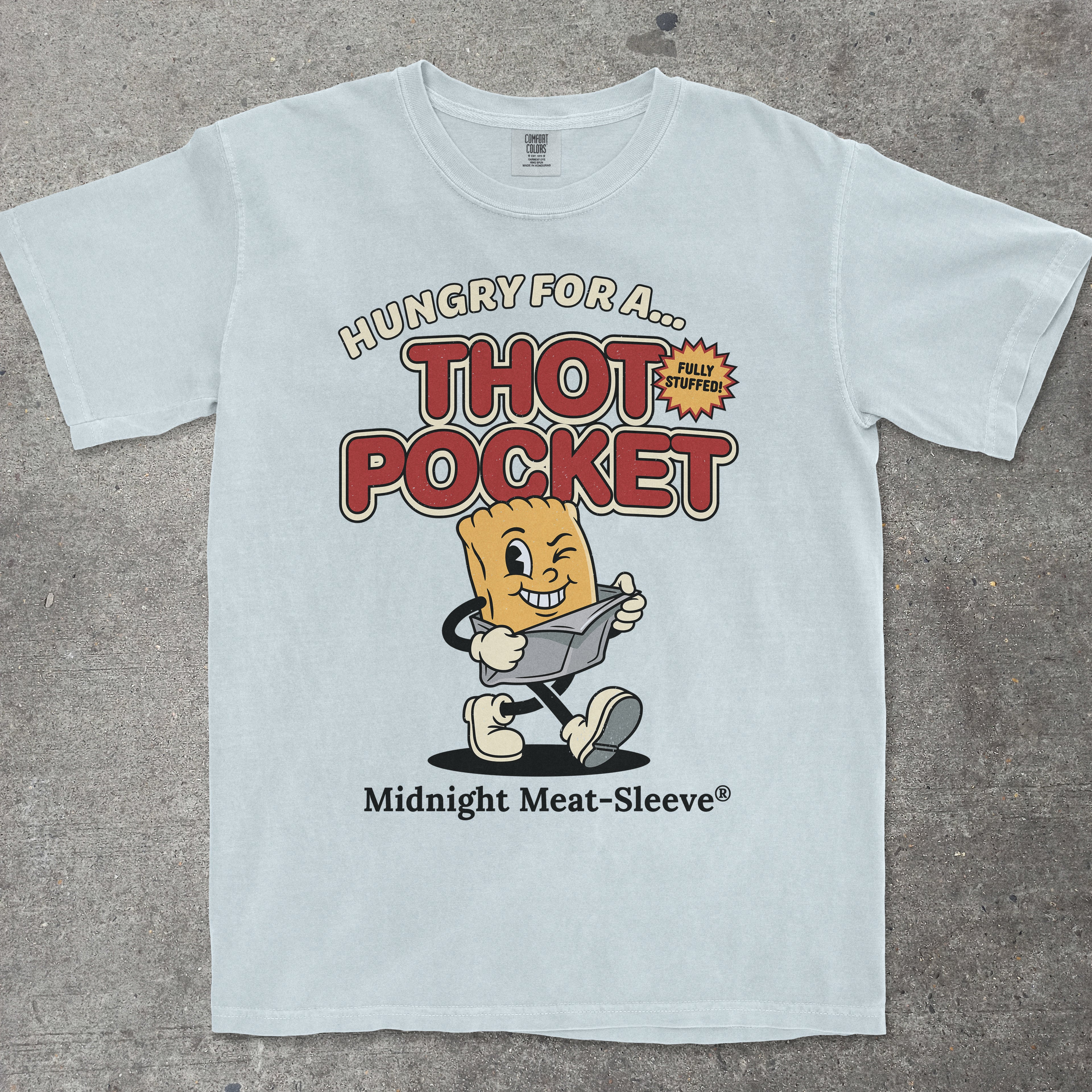 TeeHeeUSCo THOT POCKET Light Blue flat lay graphic tee