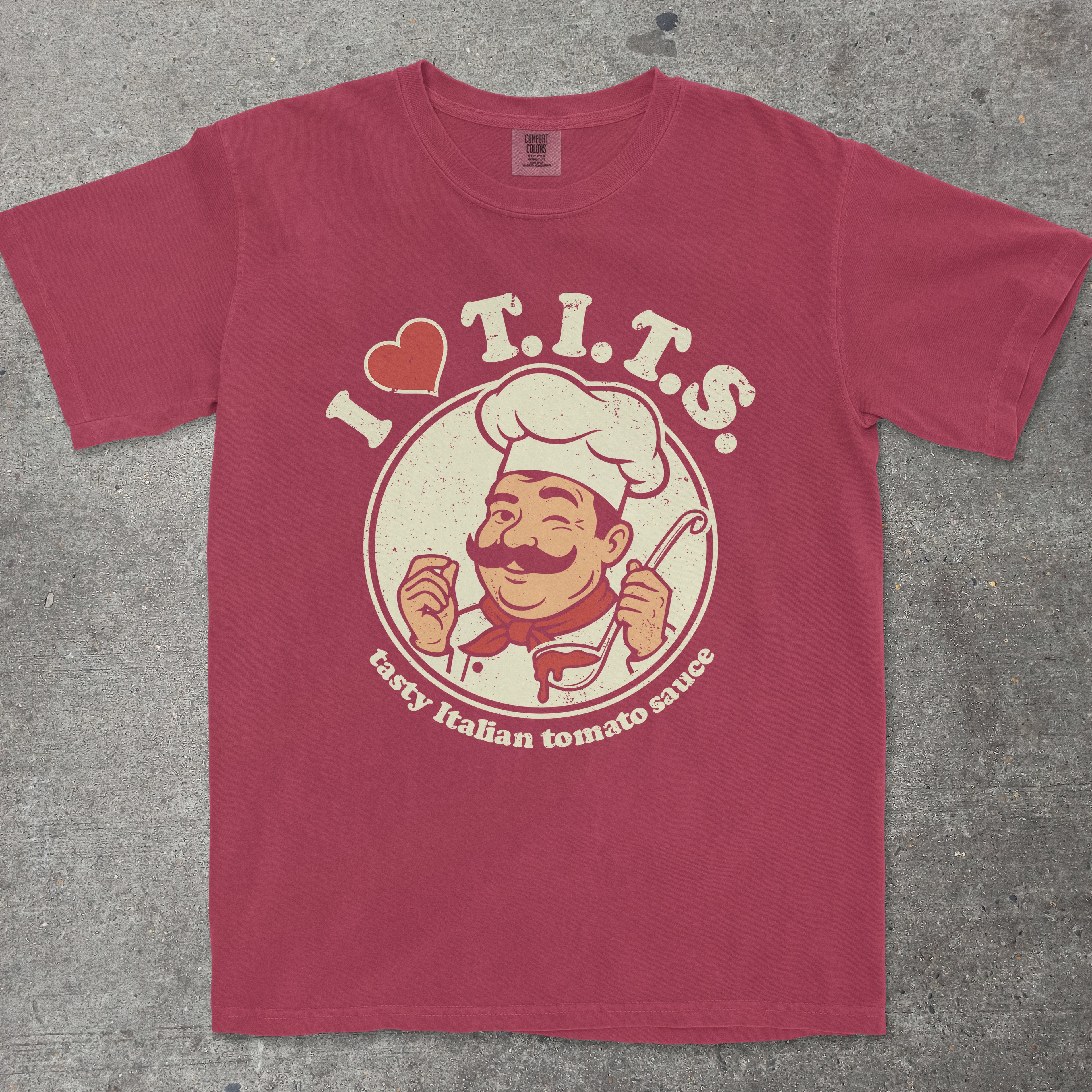 Retro chef mascot with tomatoes on heather gray graphic tee from TeeHeeUSCo