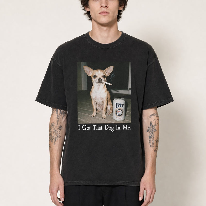 Dog Shirts category tile - model wearing I Got That Dog In Me tee