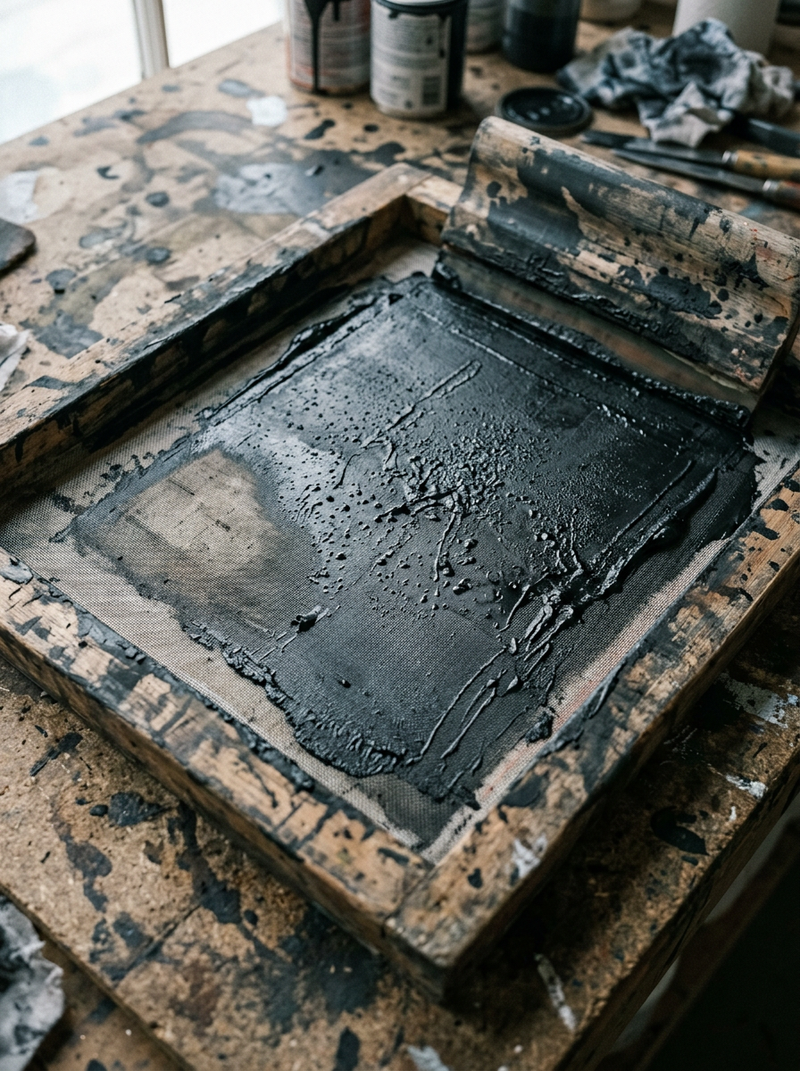 Printing press bed with ink and tools on a messy workbench