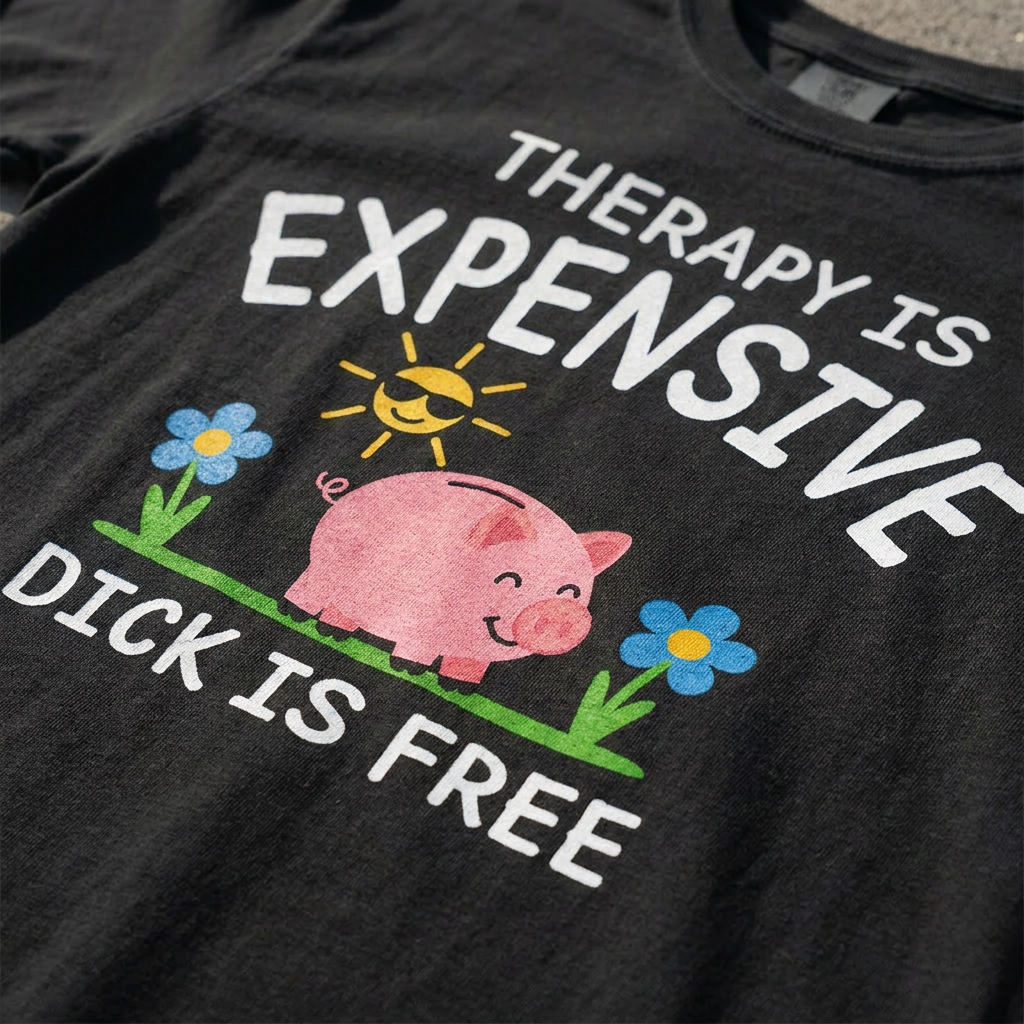 TeeHeeUSCo THERAPY IS EXPENSIVE DICK IS FREE Black zoomed detail shot graphic tee