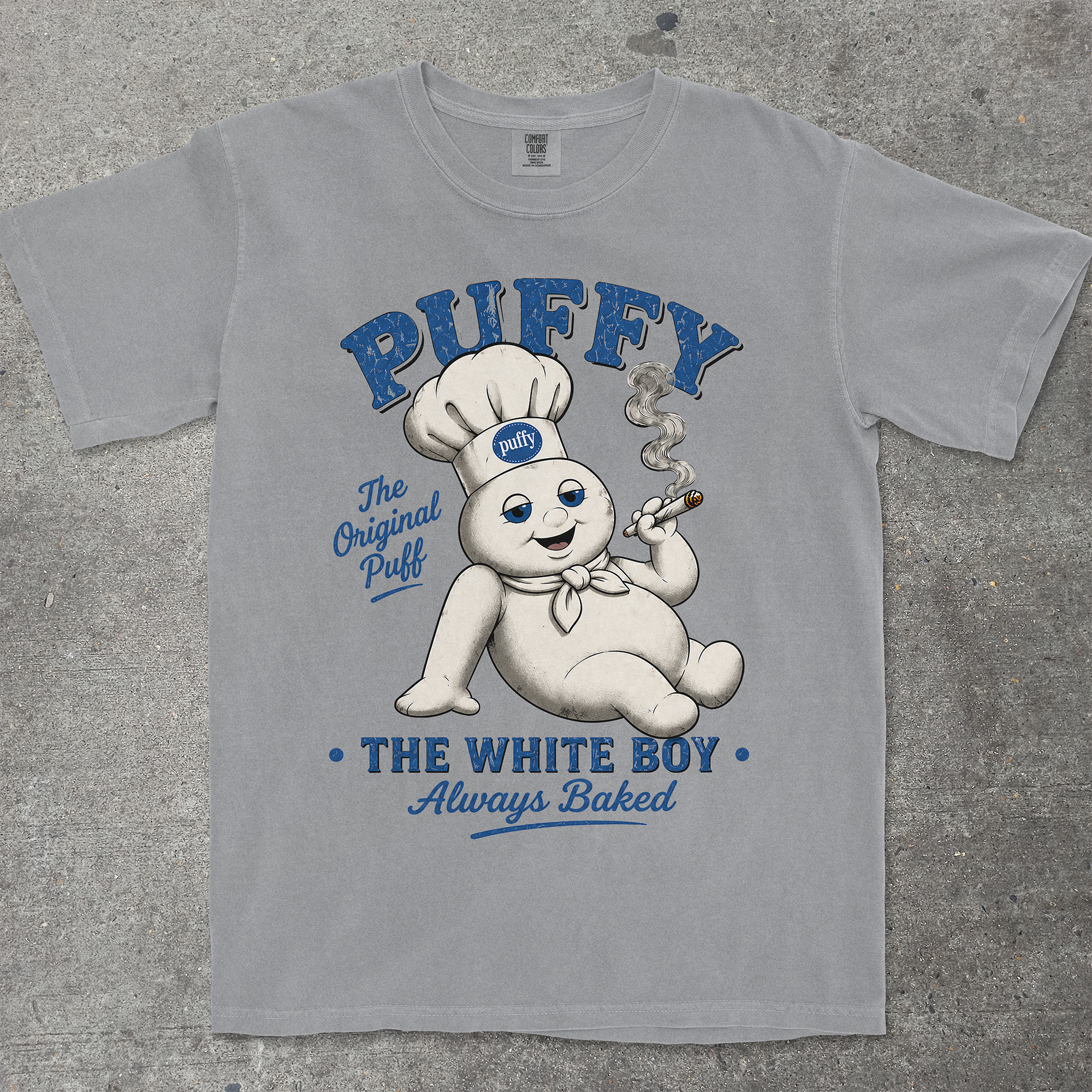 TeeHeeUSCo PUFFY THE WHITE BOY Grey flat lay graphic tee