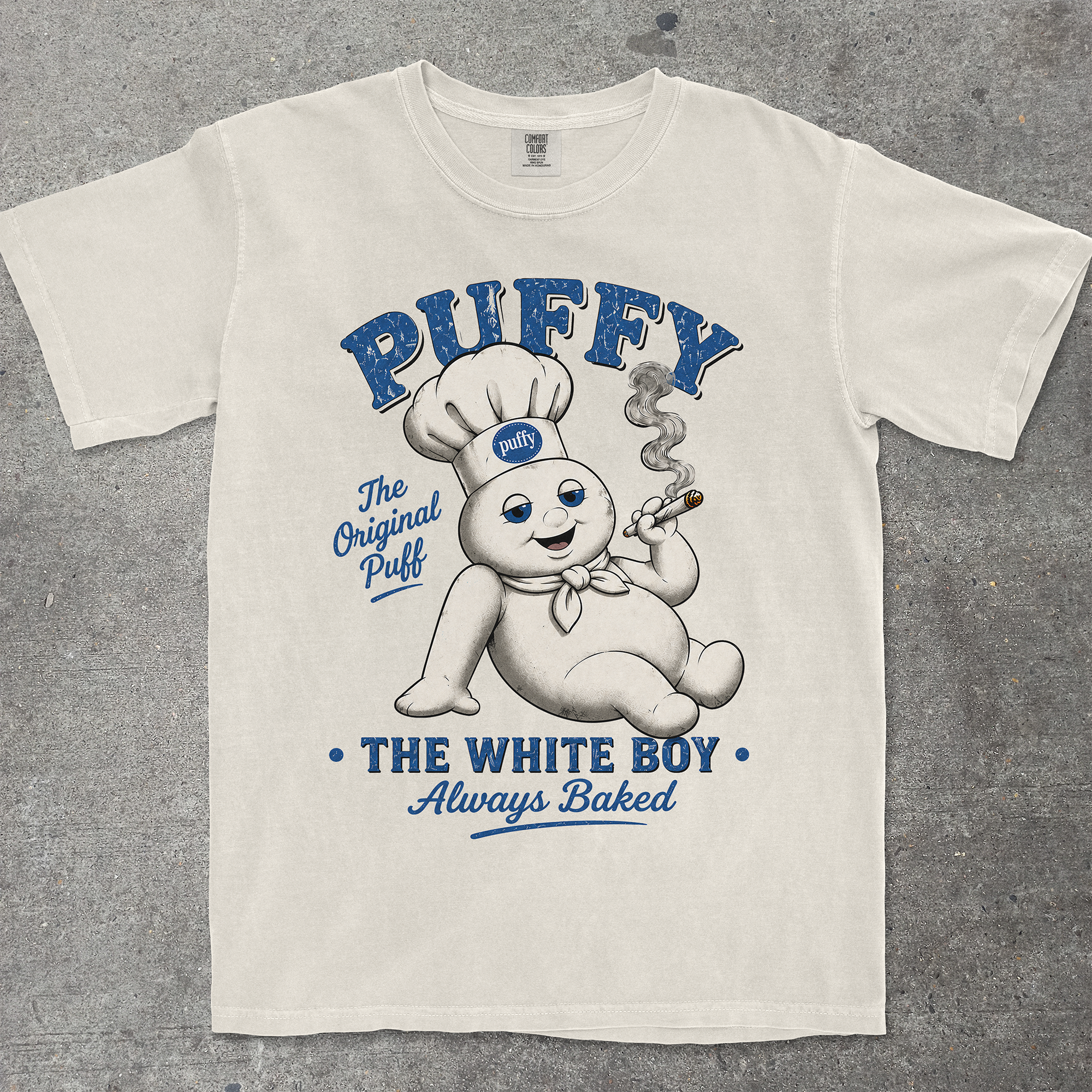 TeeHeeUSCo PUFFY THE WHITE BOY Beige flat lay graphic tee