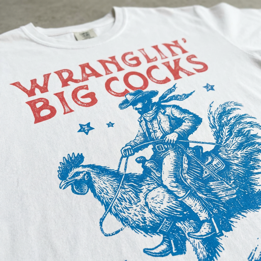 TeeHeeUSCo WRANGLIN' BIG C0CKS White zoomed detail shot graphic tee