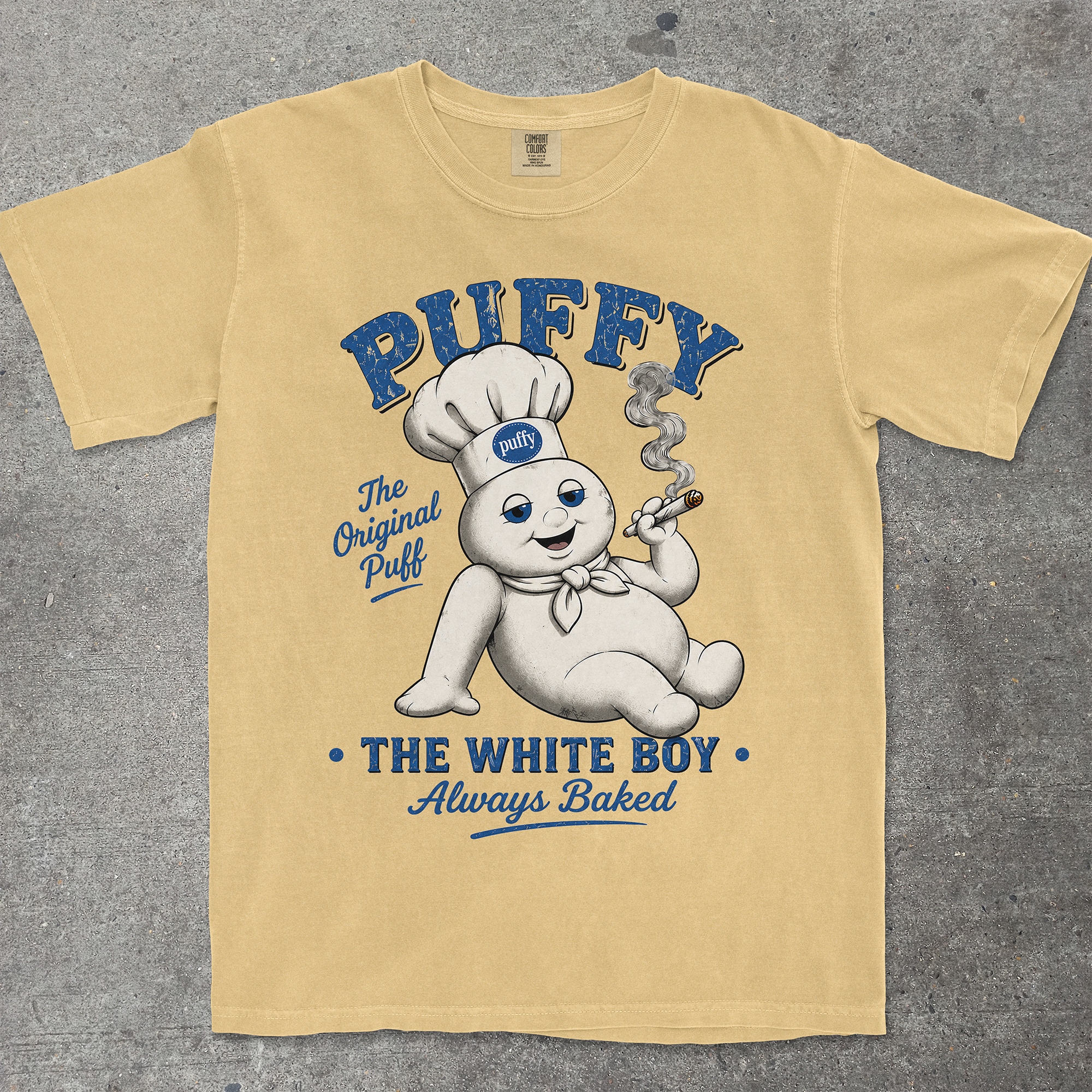 TeeHeeUSCo PUFFY THE WHITE BOY Yellow flat lay graphic tee