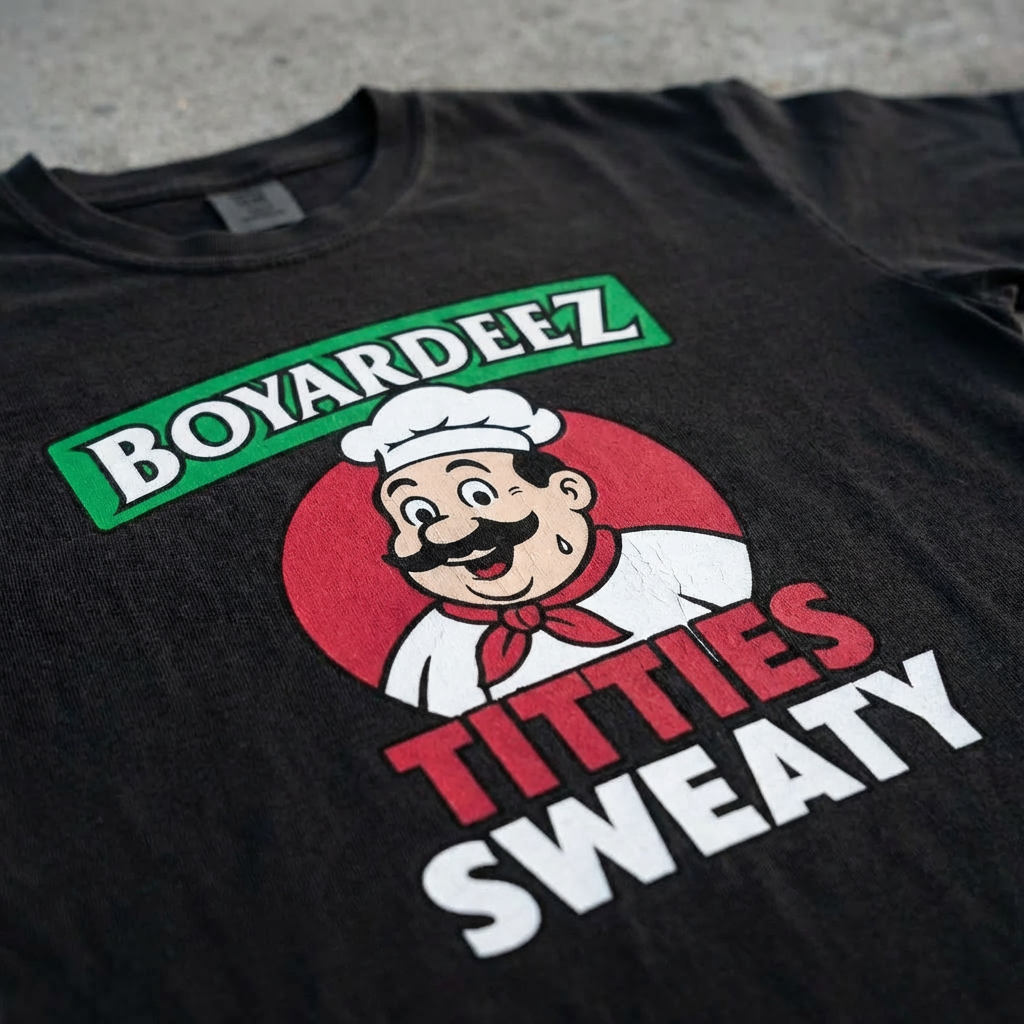 TeeHeeUSCo BOYARDEEZ TITTIES SWEATY Black zoomed detail shot graphic tee