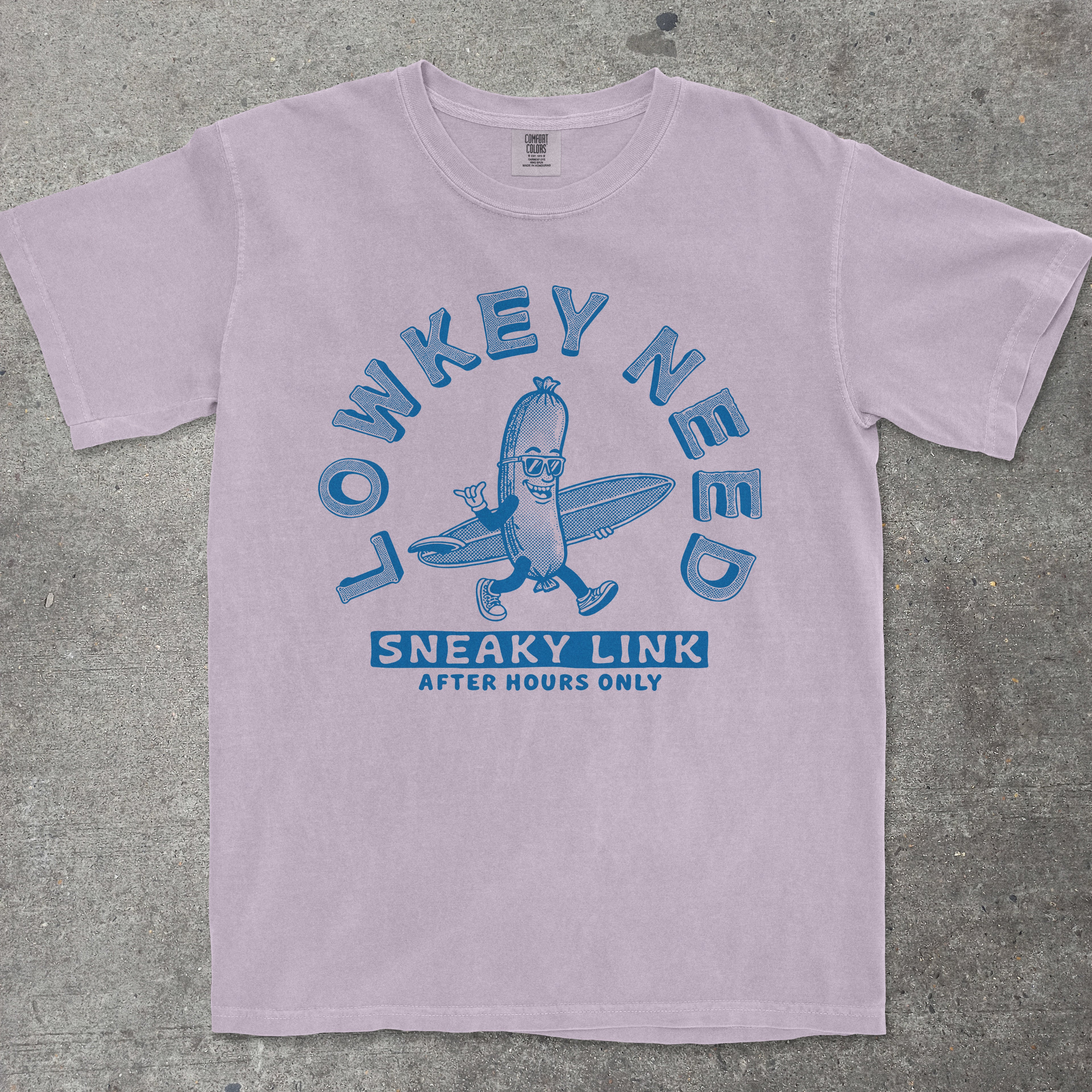 Orchid graphic tee with retro mascot and "Lowkey Need a Sneaky Link" text design by TeeHeeUSCo