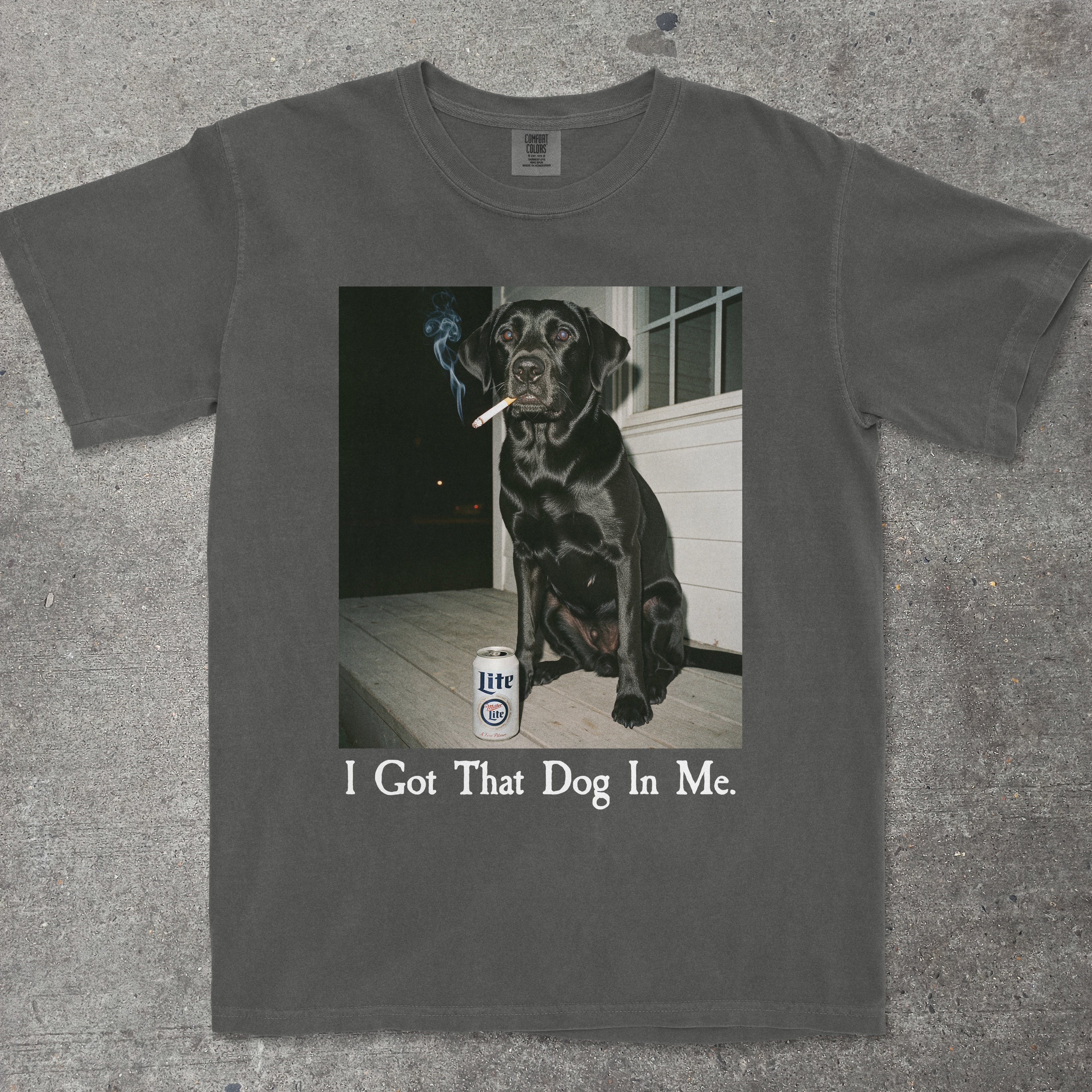 Black Labrador with cigarette and beer graphic on pepper colored t-shirt by TeeHeeUSCo