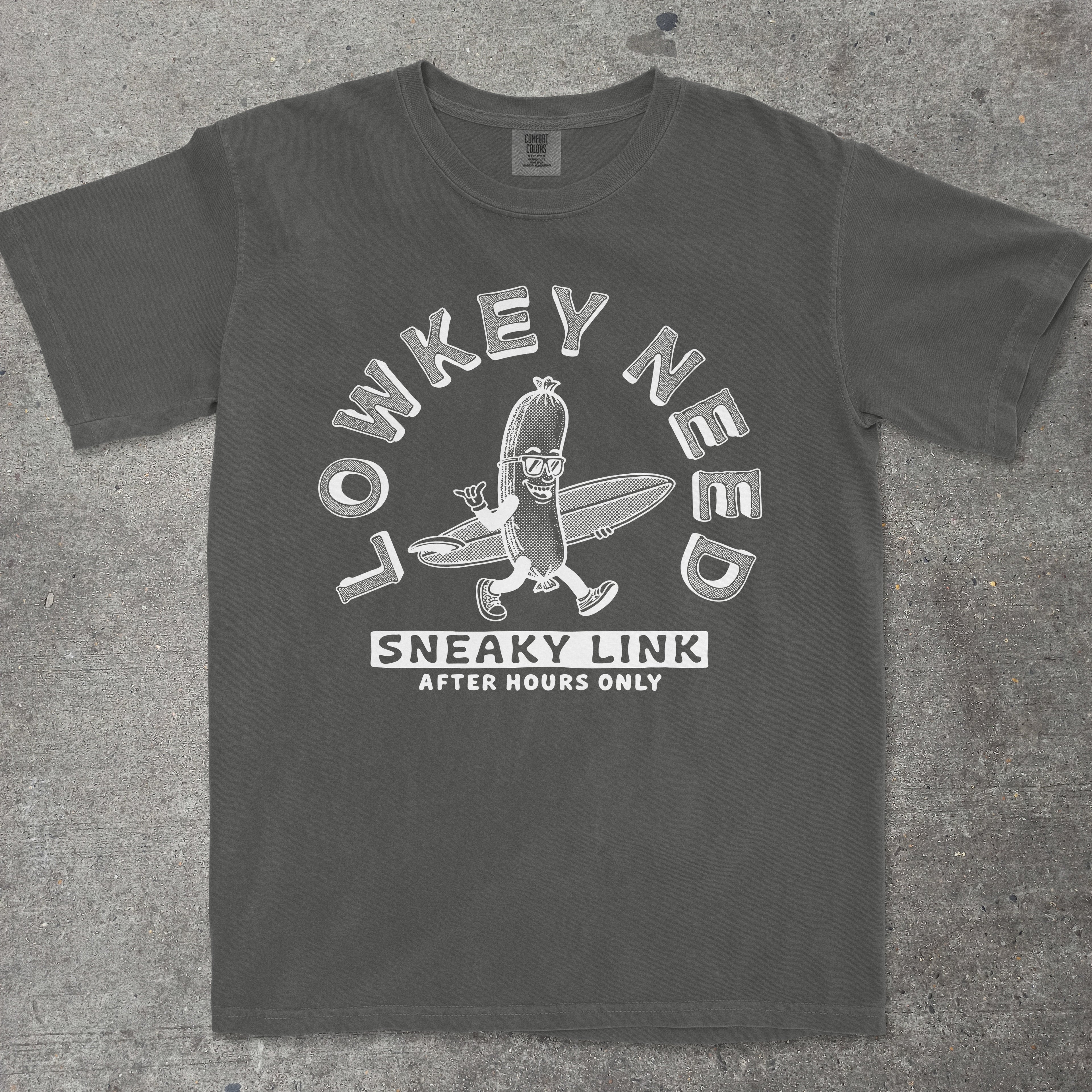Pepper graphic tee with retro mascot and "Lowkey Need a Sneaky Link - After Hours Only" text by TeeHeeUSCo