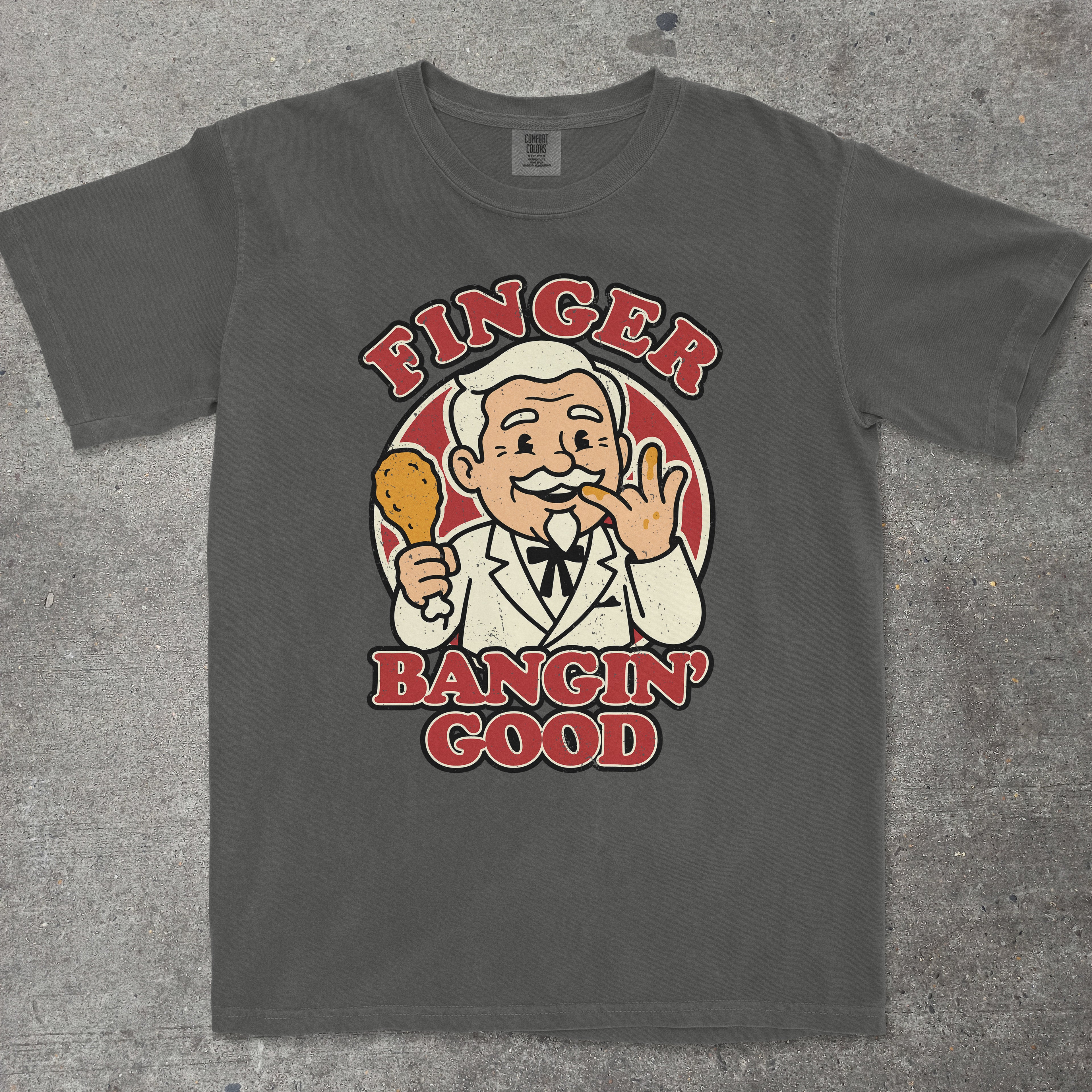 Pepper gray t-shirt with retro mascot and "Finger Bangin' Good" text graphic tee by TeeHeeUSCo