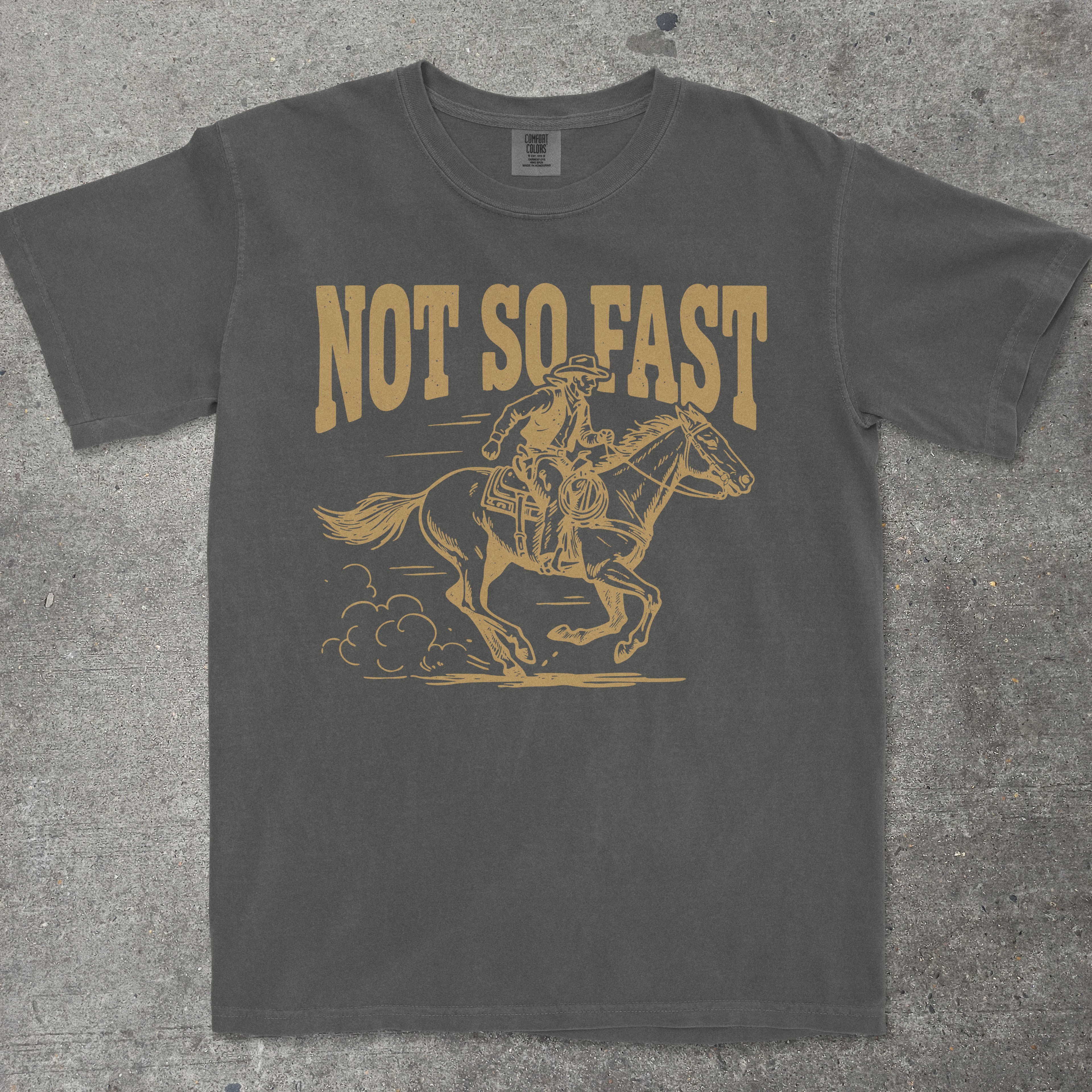 Gray t-shirt with a graphic of a person on a horse and 'Not So Fast' text in yellow.