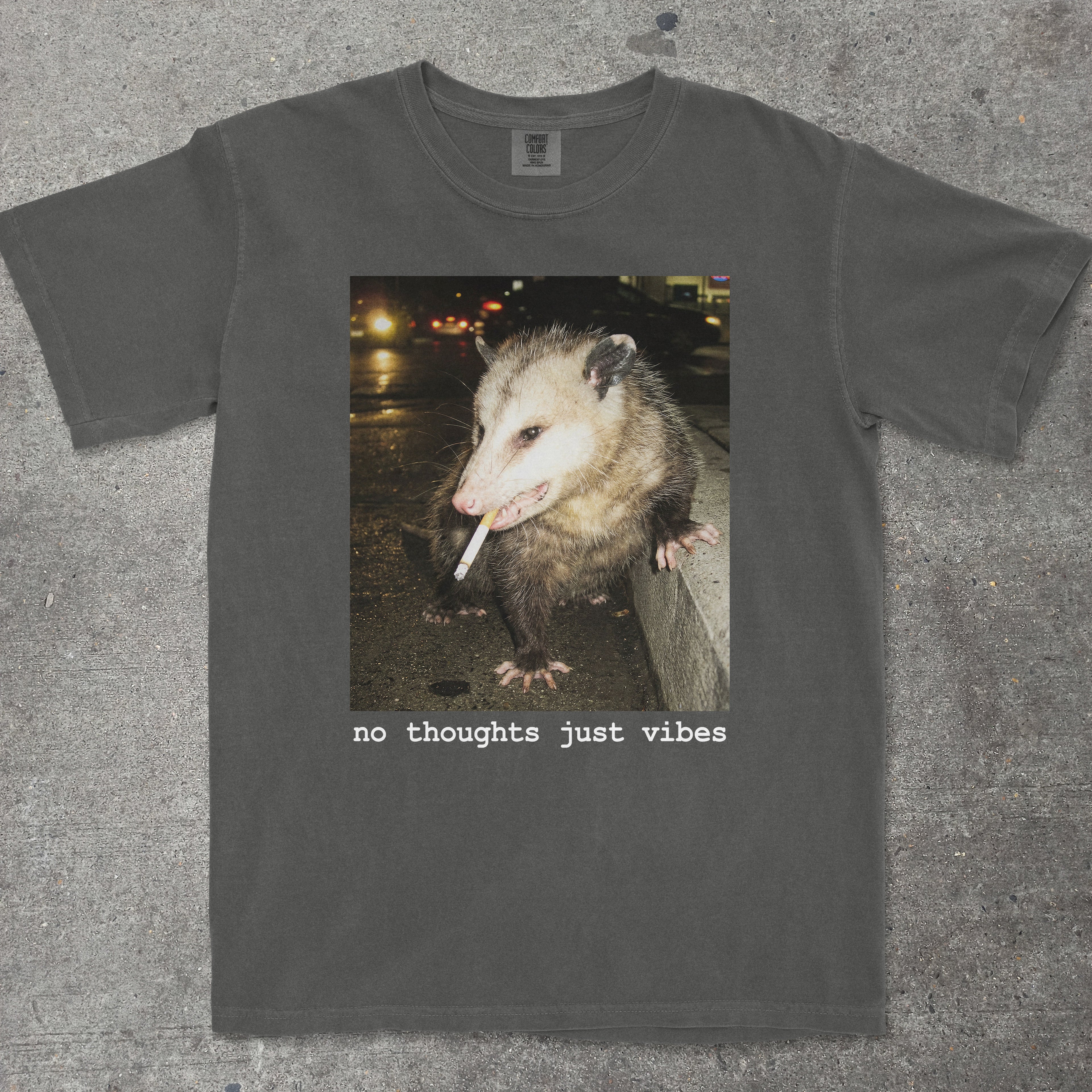 T-shirt with an opossum graphic and 'no thoughts just vibes' text on a textured surface.