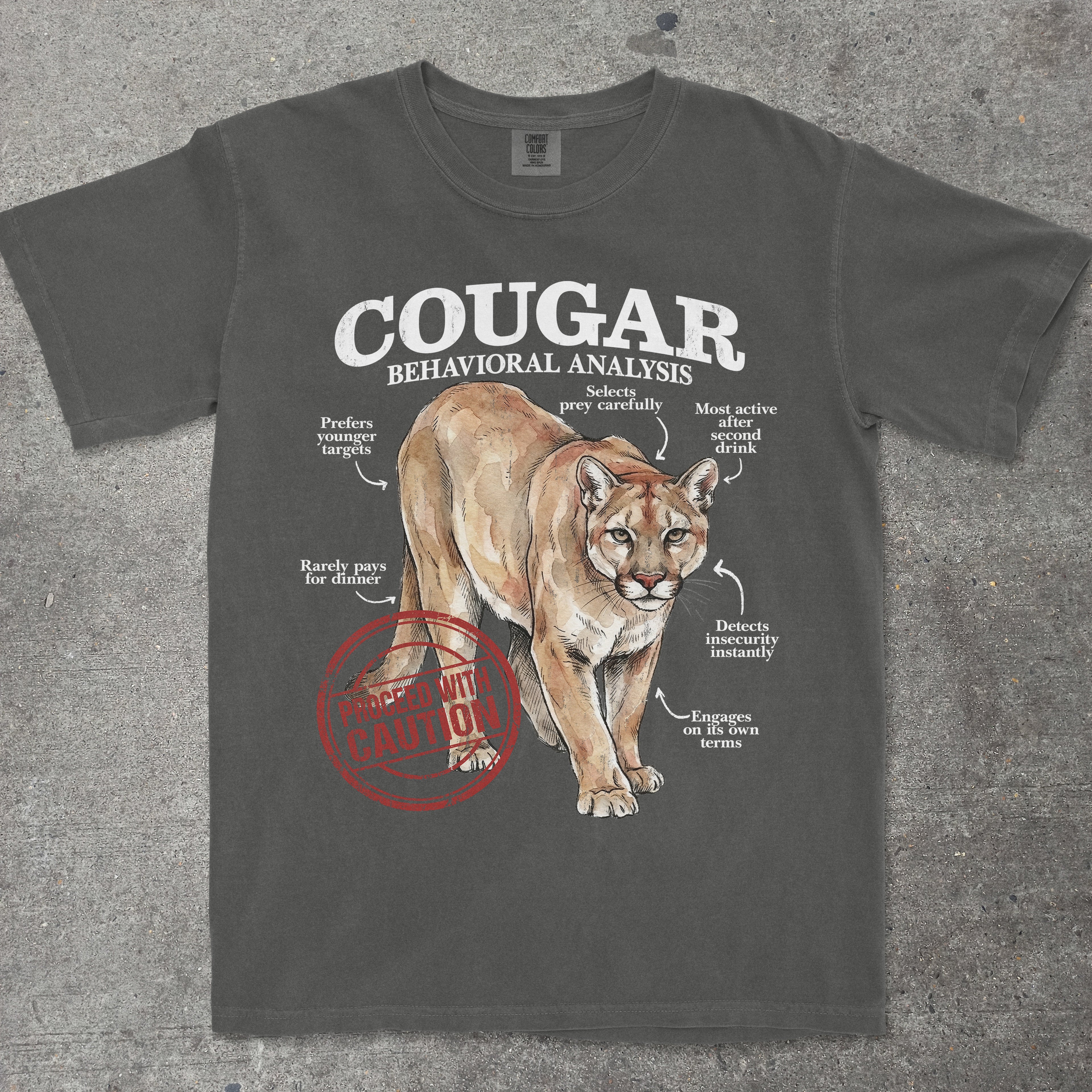 T-shirt with a graphic of a cougar and text on a gray background