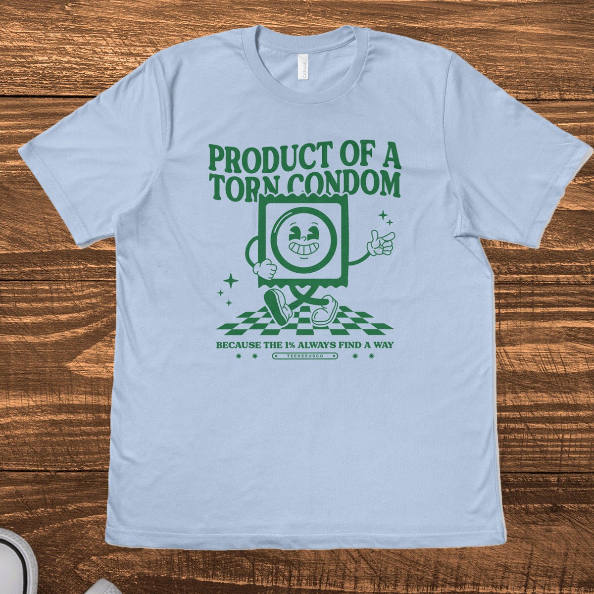Retro mascot graphic tee featuring "Product of a Torn Condom" text on heather gray shirt - TeeHeeUSCo