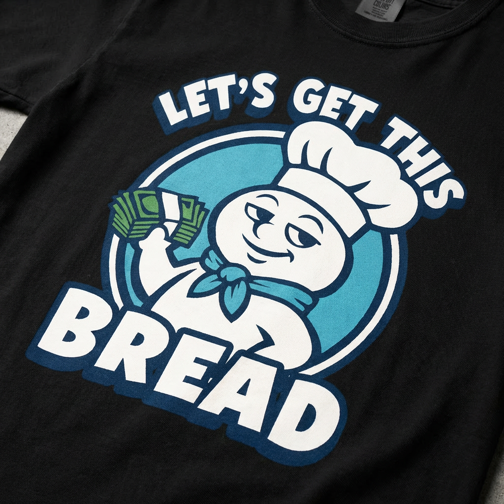 TeeHeeUSCo LET'S GET THIS BREAD Black zoomed detail shot graphic tee