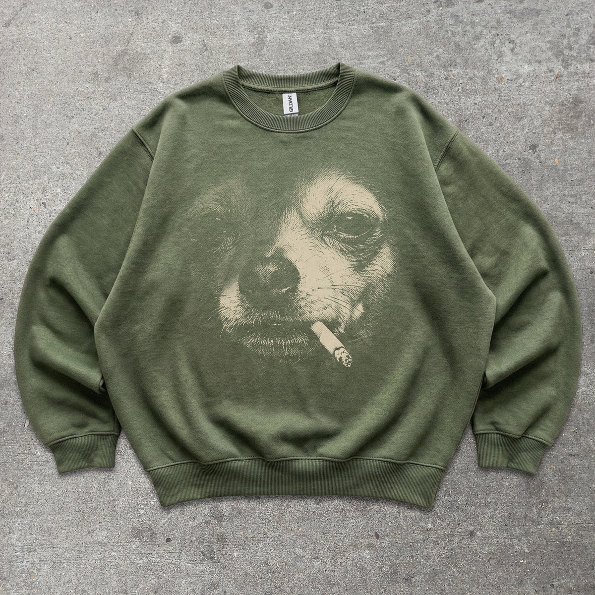 Smoking Chihuahua Face Crewneck sweatshirt in Military Green