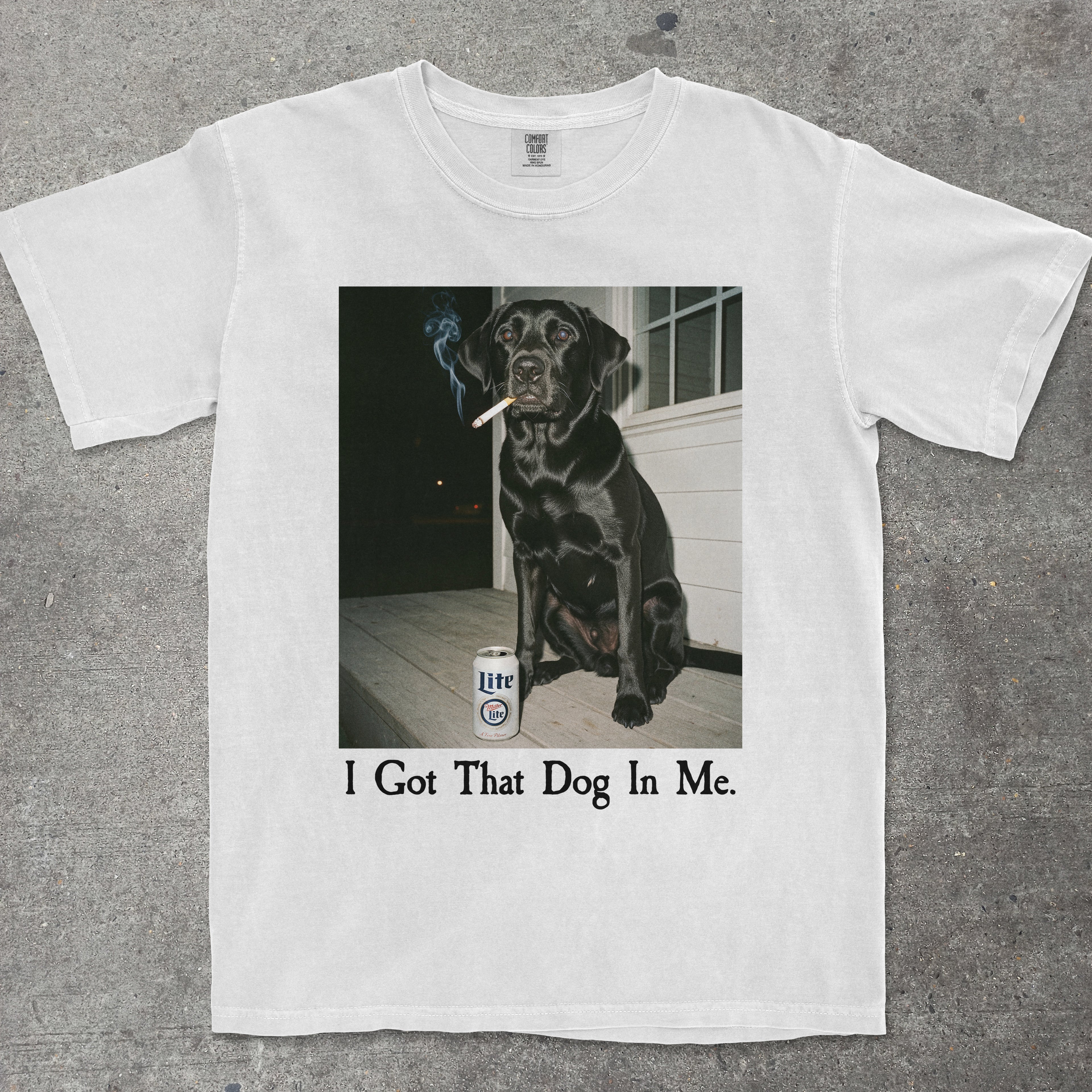 White graphic tee featuring a cool black Labrador mascot with cigarette and beer - TeeHeeUSCo