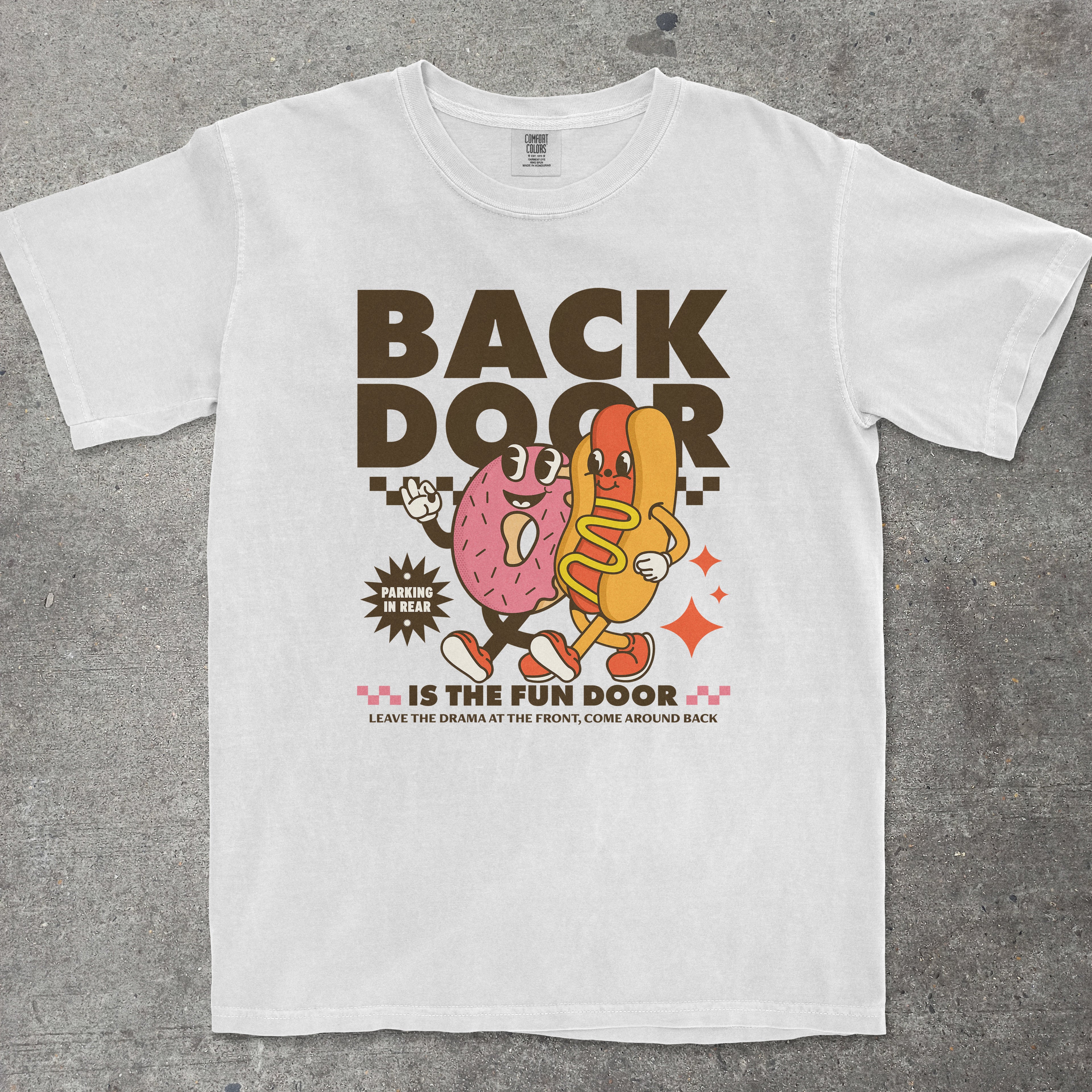 White t-shirt with cartoon characters and text on a gray background