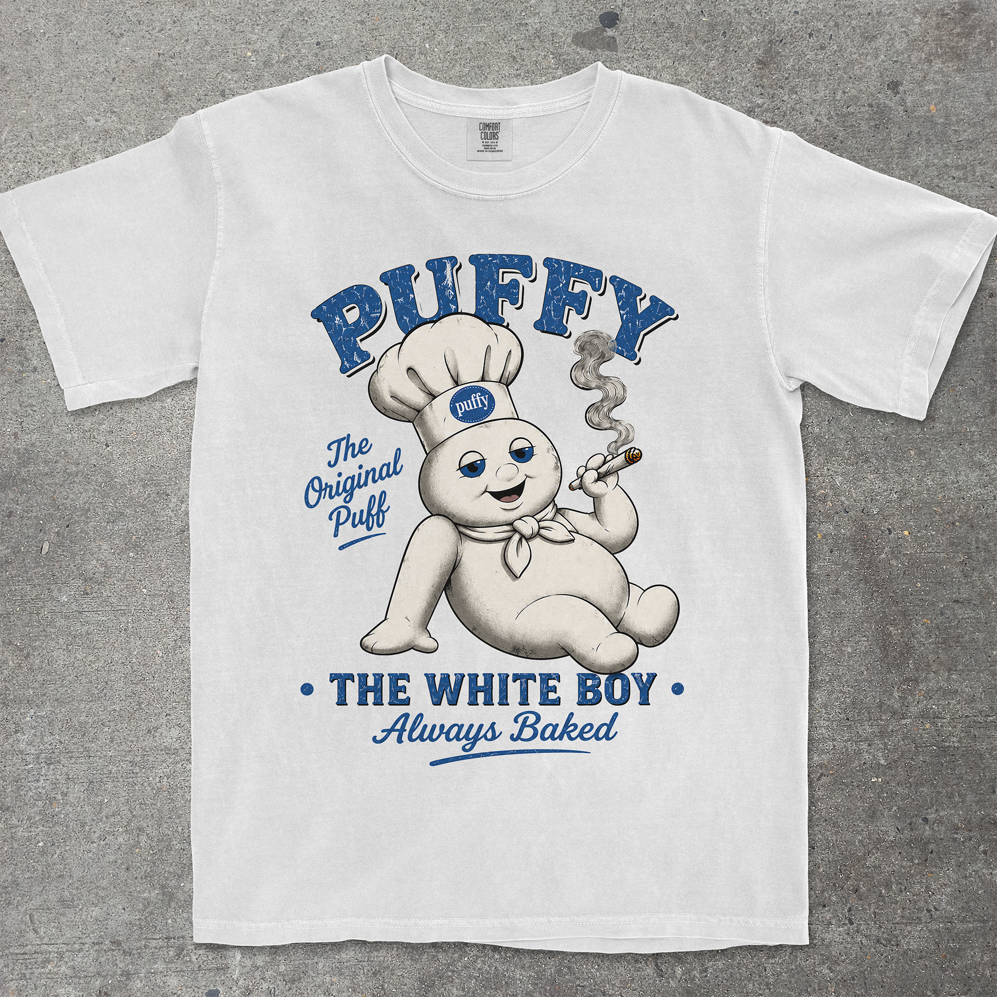TeeHeeUSCo PUFFY THE WHITE BOY White flat lay graphic tee