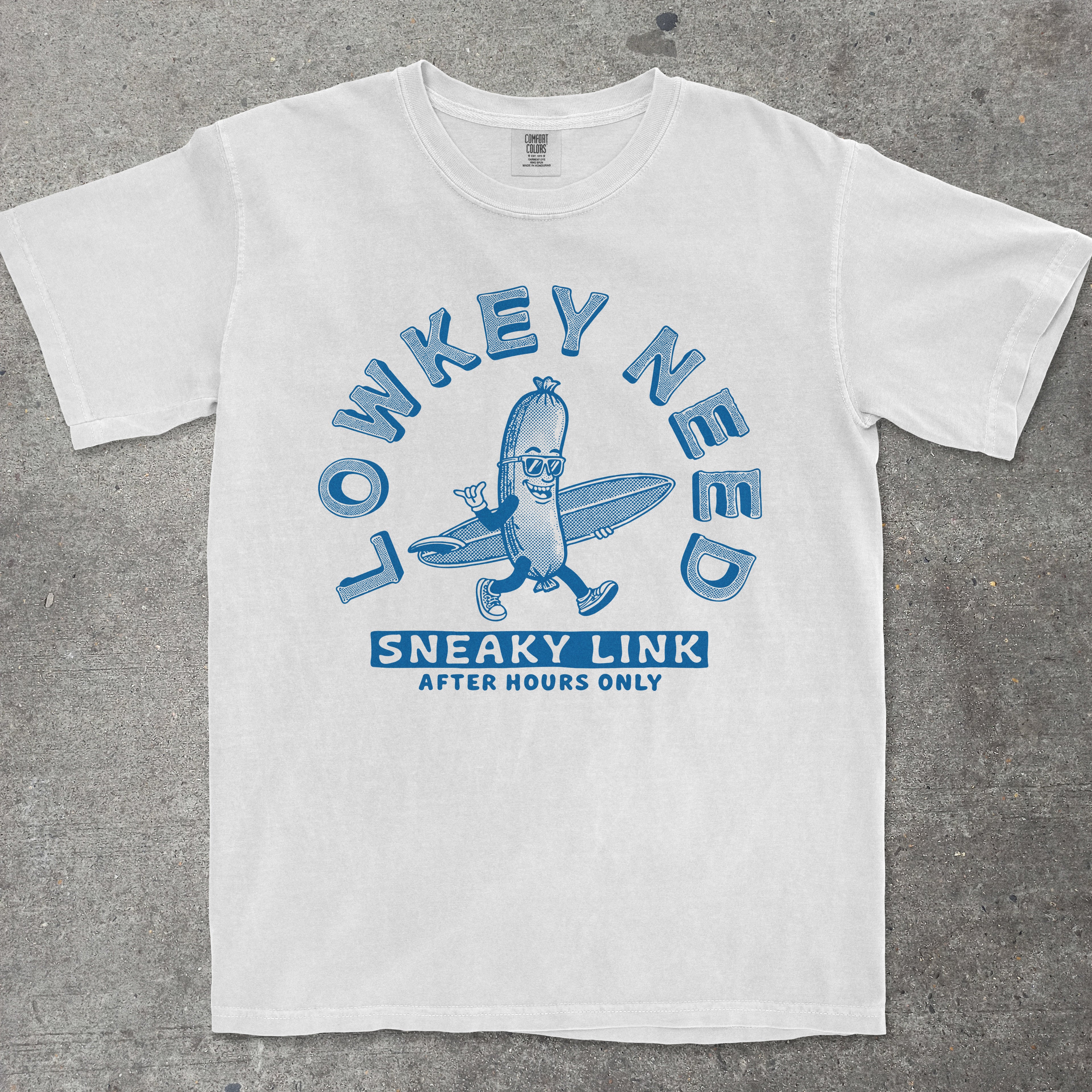 White graphic tee featuring retro mascot design with "Lowkey Need a Sneaky Link" text - TeeHeeUSCo