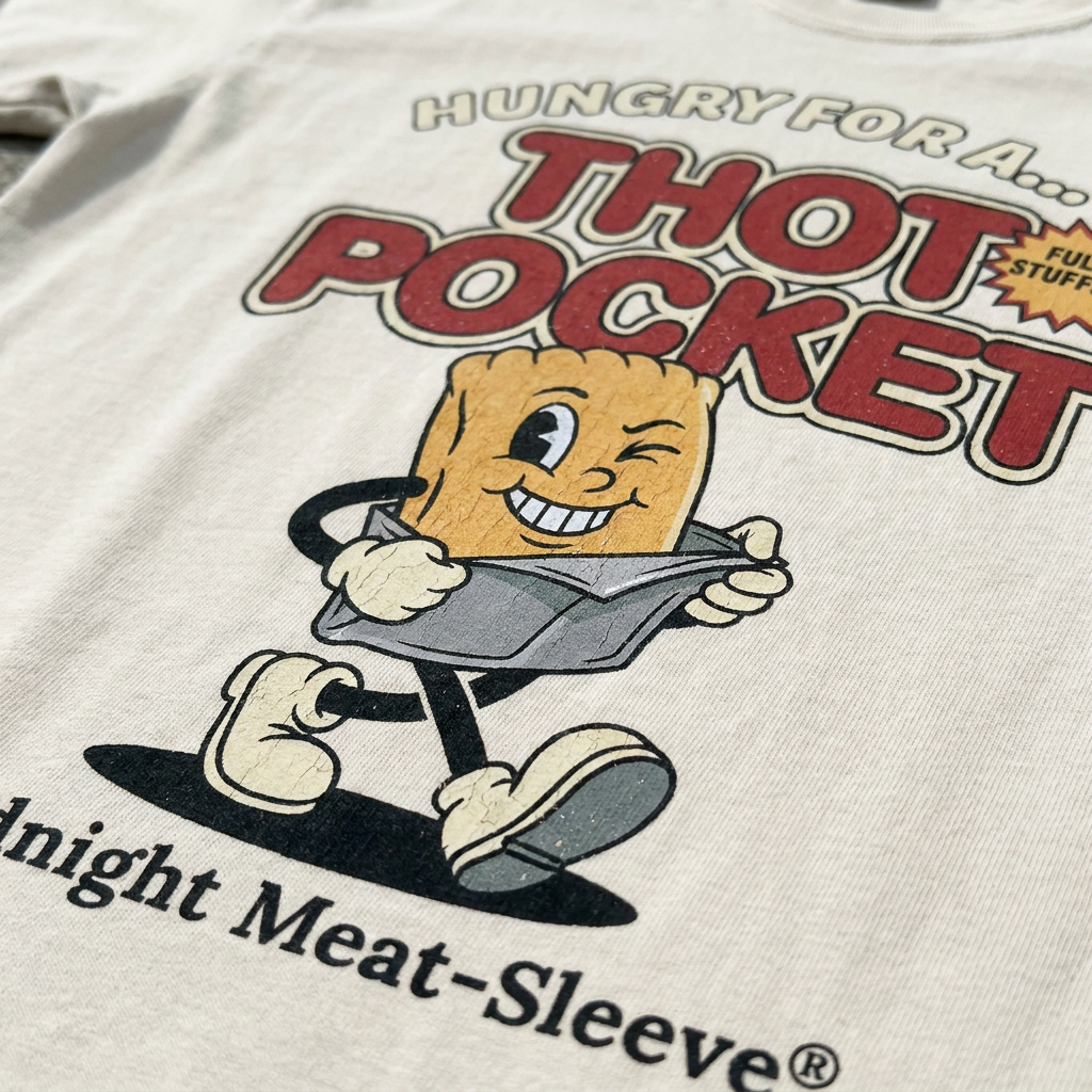 TeeHeeUSCo THOT POCKET Beige zoomed detail shot graphic tee
