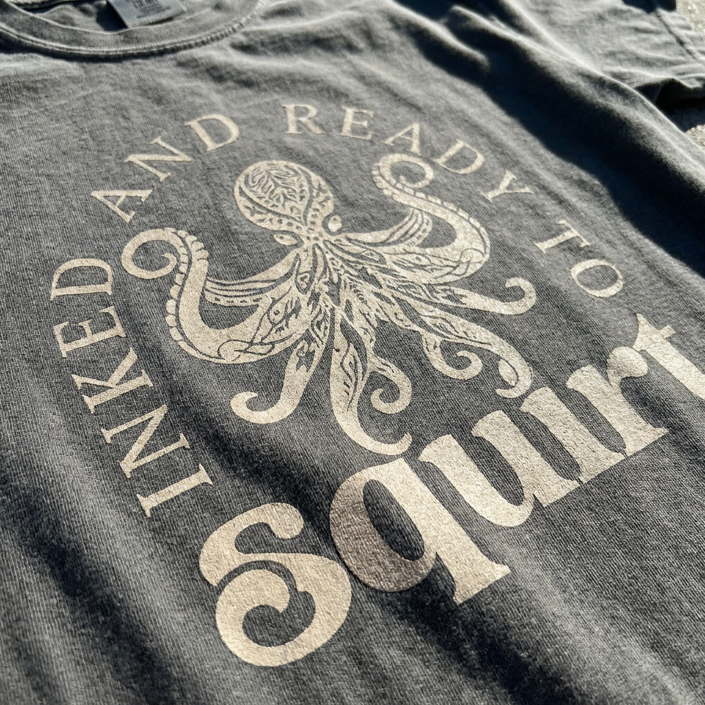 TeeHeeUSCo INKED AND READY TO SQUIRT Grey zoomed detail shot graphic tee